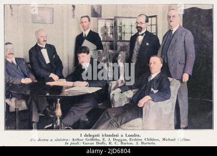 Delegation in London, darunter Arthur Griffith, EJ Duggan, Erskine Childers, Michael Collins (sitzend), Gavan Duffy, R C Barton, J Charteris (stehend) Kolorierte Version von : 10045641 Datum: 1921 Stockfoto