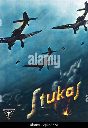 Junkers JU-87 'Stuka' Dive- Bomber in einer Werbung, die ihre finstere Form und ihren furchteinflößenden Ruf ausnutzt Colorized Version von : 10066361 Datum: Feb. 41 Stockfoto