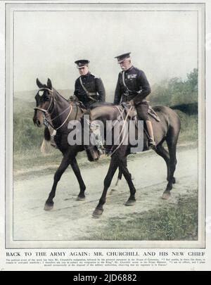 WINSTON CHURCHILL Er tritt seinen Parlamentssitz zurück, um in den ersten Monaten des Ersten Weltkriegs zur Armee zurückzukehren Kolorisierte Version von: 10072958 Datum: 1915 Stockfoto