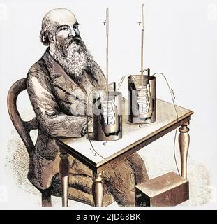 James Prescott Joule, englischer Physiker, misst die Rate, mit der Wärme durch einen elektrischen Strom erzeugt wird. Der Joule, eine Einheit von Arbeit oder Energie, ist nach ihm benannt. Kolorierte Version von : 10085063 Datum: Ca. 1840 Stockfoto