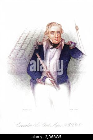 SIR CHARLES NAPIER (1786 - 1860), britischer Marinekommandeur, auf seinem Vierteldeck mit seinem Teleskop zur Verfügung. Kolorierte Version von : 10166914 Stockfoto