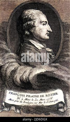 JEAN-FRANCOIS PILATRE DE ROZIER Pionier französischer Flieger, machte die erste bemannte Ballonbesteigung in einem Montgolfier Ballon. Kolorierte Version von : 10174760 Datum: 1756 - 1785 Stockfoto