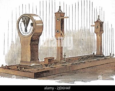 Ein Vortrag im Charterhouse, London über die Entdeckungen von Stephen Gray im Bereich Elektrizität. Im frühen 18. Jahrhundert demonstrierte Gray, dass die Ladung von Elektrizität von einigen Materialien über Entfernungen von bis zu 765 Metern geleitet werden konnte, während andere überhaupt keinen Strom leiteten. Schließlich konnte er Ladungen durch 88 Meter Draht senden, der an seidenen Fäden aufgehängt war, um ein Elektroskop zu betreiben - ein Instrument, mit dem statische Elektrizität detektiert wird. Durch das Senden eines elektrischen Signals von einem Ort zum anderen etablierte Gray das Grundprinzip des elektrischen Telegraphen. Kolorierte Version o Stockfoto