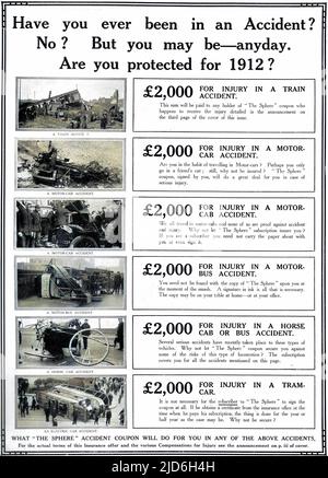 Eine ziemlich makabre Versicherungsanzeige mit sechs Fotografien, die verschiedene Verkehrsunfälle der damaligen Zeit illustrieren, darunter Autos, Autobusse, Züge und Pferdekutschen. Kolorierte Version von: 10215543 Datum: Januar 6. 1912 Stockfoto