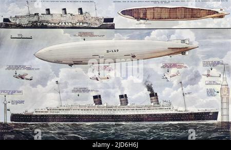 R.M.S. 'Queen Mary', gezeigt mit dem deutschen Zeppelin-Passagierschiff 'Hindenberg' und dem Westminster Uhrenturm 'Big Ben', um eine klare Vorstellung von der großen Skala des Cunard White Star Liner zu geben. Kolorierte Version von: 10216336 Datum: 1936 Stockfoto