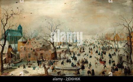 Winterlandschaft mit Eisläufern. Hendrick Avercamp. 1608 Stockfoto