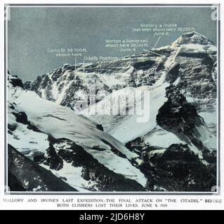 Mount Everest, mit den relativen Positionen von Camp VI, und den am weitesten von Norton und Somervell sowie Mallory und Irvine erreichten Punkten. Kolorierte Version von: 10217923 Datum: 1924 Stockfoto