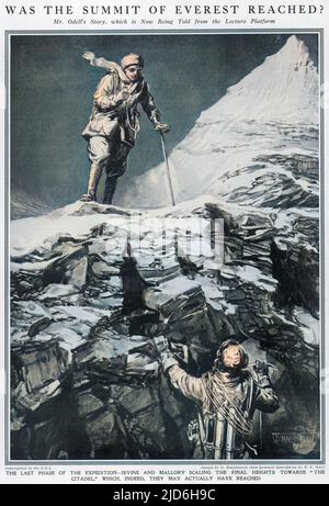 Künstlerische Darstellung von George Leigh Mallory (oben) und Andrew Irvine beim Aufstieg zum Second Step am Everest. Mallory und Irvine, die britischen Bergsteiger, wurden zuletzt von N.E. gesehen Odell nahe dem Second Step bei ihrem Versuch, den Everest am 8.. Juni 1924 zu besteigen. Sie sind nicht von ihrem Versuch zurückgekehrt, und die Frage, ob sie den Gipfel erreicht haben, bleibt bestehen. Kolorierte Version von: 10217913 Datum: 1924 Stockfoto