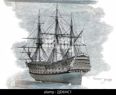 Die HMS 'Victory', die 1737 ins Leben gerufen wurde, war ein dreistockiger, erstklassig gekaufter Kriegsschiff mit 100 Geschützen, der 1865 im South Kensington Museum ausgestellt wurde. Kolorierte Version von: 10216795 Datum: 1737 Stockfoto