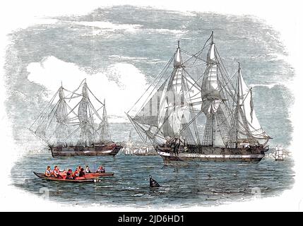 HMS 'Erebus' (links) und HMS 'Terror', abgebildet auf der Themse, 1845. Im Jahr 1845 schickte die britische Admiralität zwei polare Explorationsschiffe, HMS 'Erebus' und HMS 'Terror', um nach der Nordwestpassage um die Nordküste Kanadas zu suchen. Die von Sir John Franklin kommandierte Expedition verschwand Ende 1845 aus dem Blickfeld, und keiner der Männer wurde jemals wieder gesehen. Tatsächlich haben die Schiffe es in die Region von King William Island geschafft und sind dann im Eis stecken geblieben. Die überlebenden Besatzungsmitglieder verließen das Schiff und fuhren nach Süden. Allerdings hat es keiner in Sicherheit gebracht und es wird angenommen, dass alle an DIS gestorben sind Stockfoto
