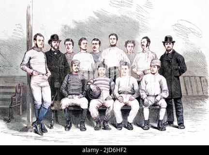 Die Mannschaft des Sheffield Football Club, gesehen am Ende der Saison 1873-1874. Sheffield FC wurde 1857 gegründet und ist angeblich der älteste Club der Welt. Kolorierte Version von: 10219030 Datum: 1874 Stockfoto