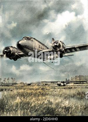 Douglas Dakota, C-47 Skytrain, der mit einem Haken nach unten schwingt, um einen Waco-Segelflugzeug zu holen, Normandie, Frankreich, 1944. Dieses System des Starts und Abschleppens eines Segelflugzeugs wurde als zeitsparende Maßnahme konzipiert, so dass Schlepper wie der Dakota Segelflugzeuge ohne Landung aufnehmen konnten. Diese Illustration wurde von dem illustrierten Sonderkünstler von London News, C.E., angefertigt Turner mit Informationen der US Ninth Air Force. Kolorierte Version von: 10219809 Datum: 1944 Stockfoto