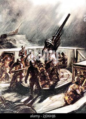 Amerikanische Flak-Einheit, die während eines deutschen Angriffs auf London auf feindliche Bomber abfeuert. Die abgebildete Waffe ist eine 90-mm-Waffe. Dieses Bild wurde von dem illustrierten London News Special Artist, Captain Bryan de Grineau, während eines Besuchs auf einer US-Waffenanlage skizziert. Kolorierte Version von: 10219832 Datum: 1944 Stockfoto