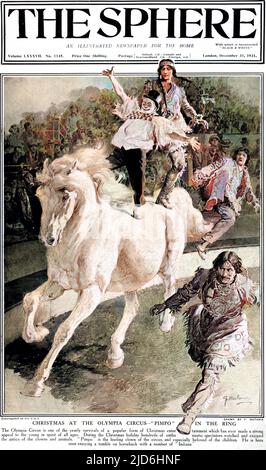 „Pimpo“, der Clown, und drei „Rote Indianer“, die im Ring des Olympia Circus Pferdestunts aufführen. Kolorierte Version von: 10219945 Datum: 1921 Stockfoto