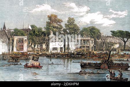 Das Ziel des Wettlaufs für die Thames Watermen für Doggett's Coat and Badge, Chelsea. Dieses Rennen, das an der Themse zwischen dem Alten Schwan, der London Bridge und dem Weißen Schwan, Chelsea, ausgetragen wird, findet jährlich statt. Im Jahr 1869 wurde das Rennen von George Wright gewonnen. Kolorierte Version von: 10221702 Datum: 1869 Stockfoto