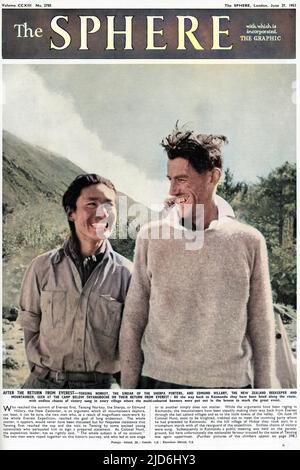 Sir Edmund Hillary mit Tenzing Norgay nach ihrem erfolgreichen Versuch, den Mount Everest in Nepal am 29.. Mai 1953 zu besteigen. Der legendäre Bergsteiger starb im Januar 2008 Colorized Version von: 10225684 Datum: 27.. Juni 1953 Stockfoto