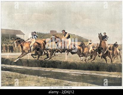 Pferde und Reiter springen 1897 auf dem Grand National Course in Aintree über den Wassersprung. Der Gewinner, Manifesto, steht an der Spitze. Kolorierte Version von: 10226770 Datum: 27. März 1897 Stockfoto