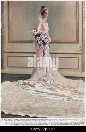 Prinzessin Ingrid von Schweden, abgebildet an ihrem Hochzeitstag mit Kronprinz Friedrich von Dänemark. Ihr Kleid aus weißer Seide war mit alter irischer Spitze getrimmt und hatte einen 18 Fuß langen Zug. Ihr Bouquet bestand aus Myrte und Lilien. Kolorierte Version von: 10433840 Datum: 1935 Stockfoto