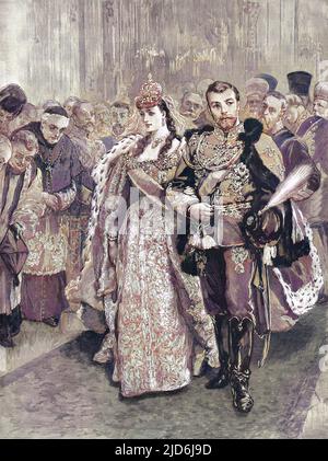 Die kaiserliche Hochzeit in St. Petersburg, bei der die Braut und der Bräutigam die Kapelle verlassen. Kolorierte Version von: 10507167 Datum: 1894 Stockfoto