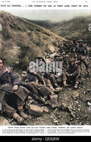 Eine Gruppe von britischen Soldaten aus dem Infanterie-Bataillon, 1. Kings, besitzen Yorkshire Light Infantry, sitzen vor dem Rio Gagliano in Italien. Der Mann, der mit der Zigarette in der Mitte sitzt, ist Michael James Neary. Die Männer ruhen sich aus, nachdem sie sechs Tage lang die stark verteidigten deutschen Stellungen auf den Bergen Camino und Maggiore angegriffen haben und sich durch dicken Schlamm und unaufhörlichen Regen kämpfen. Die Illustrated London News, die dieses Bild im Januar 1944 druckten, verglich den Tommy aus dem Zweiten Weltkrieg mit der vorherigen Generation, die im Ersten Weltkrieg kämpfte, und verwies in der Bildunterschrift auf die Ähnlichkeiten Stockfoto