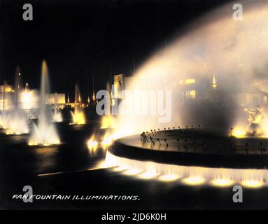 Fan Fountain Illuminations - British Empire Exhibition - Glasgow, Schottland, (Mai - Dezember 1938). Die Ausstellung wurde von Thomas S. Tait geplant, der ein Team von neun Architekten leitete, darunter Basil Spence und Jack Coia. Kolorierte Version von: 11007152 Datum: 1938 Stockfoto