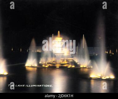 The Lake Illuminations - British Empire Exhibition - Glasgow, Schottland, (Mai - Dezember 1938). Die Ausstellung wurde von Thomas S. Tait geplant, der ein Team von neun Architekten leitete, darunter Basil Spence und Jack Coia. Kolorierte Version von: 11007154 Datum: 1938 Stockfoto