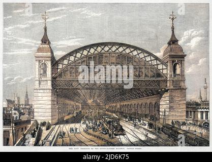 Ein beeindruckender Blick aus Richtung Themse auf die neu fertig gestellte Endstation Cannon Street Station der South Eastern Railway. Kolorierte Version von: 10000395 Datum: 1866 Stockfoto