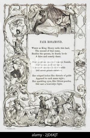 FAIR ROSAMOND (The Fate of - The Bower of) die Legende besagt, dass König Heinrich II. Von England (reg. 1154 - 1189) Rosamond Clifford als seine Geliebte adoptierte, Und dass, um die Affäre vor seiner Königin, Eleanor von Aquitaine, zu verbergen, er sie in den innersten Nischen eines komplizierten Laubes (Labyrinth - Labyrinth) führte, das er in Auftrag gab. Kolorierte Version von: 10472498 Datum: 12. Jahrhundert Stockfoto