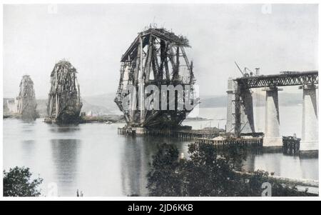 Die Forth Bridge während der Bauarbeiten. Entworfen von Sir John Fowler (1817- 1898) und Sir Benjamin Baker (1840-1907) und konstruiert von Sir William Arrol (1839-1913) Farbige Version von: 10080859 Datum: Eröffnung März 4. 1890 Stockfoto