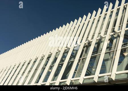 Die Brücke besteht aus Stahlträgern. Details der Architektur der Fußgängerbrücke. Modernes Design aus Stahlkonstruktion. Stockfoto