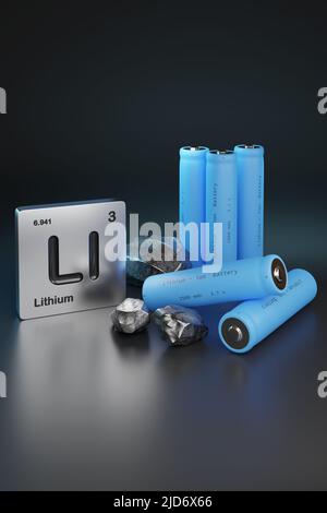 Lithium - Ionen-Batterien und Symbol für Lithium-Elemente. 3D Abbildung. Stockfoto