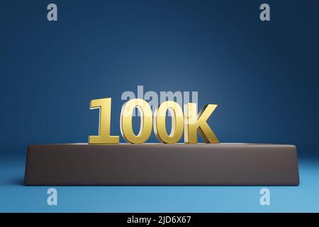 Goldene 100000-Nummer in drei Dimensionen auf einem Podium. 3D Abbildung. Stockfoto