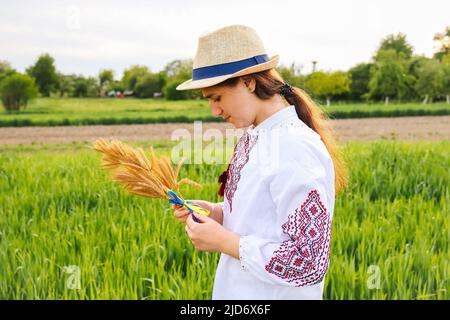 Unschärfe junge Frau in vyshywanka und Hut hält Bouquet von reifen goldenen Ähren gebunden auf der Wiese Natur Hintergrund. Flagge Ukraine Stockfoto