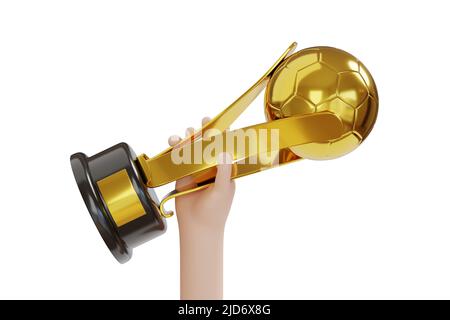 Cartoon Hand heben goldene Fußball-Trophäe isoliert om weißen Hintergrund. 3D Abbildung. Stockfoto