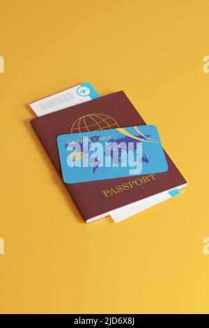 Nahaufnahme von Kreditkarte, Reisepass und Flugticket auf gelbem Hintergrund. Reisekonzept. 3D Abbildung. Stockfoto