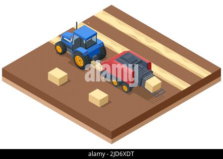 Isometrische Traktoren Mähen, Rechen, Ballenhay. Heustapel nach der Ernte von Getreidepflanzen. Traktor mit gelber, großer Vierkantpresse. Stock Vektor