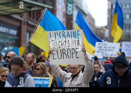 Helsinki, Finnland - 23. April 2022: Demonstrator bei einer Kundgebung gegen Russlands militärische Aggression und Besetzung der Ukraine, für die die Ukraine kämpft Stockfoto