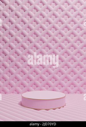 Licht, Pastell, Lavendel rosa 3D Rendering Luxus Produkt Display vertikale Produkt Fotografie ein Zylinder Podium Stand goldene Linie und Ornament Wand Stockfoto