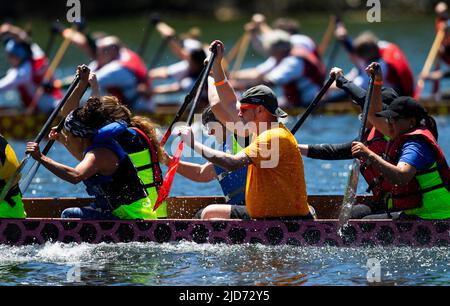 Toronto, Kanada. 18.. Juni 2022. Teilnehmer treten am 18. Juni 2022 beim Toronto International Dragon Boat Race Festival 2022 in Toronto, Kanada, an. Die Veranstaltung findet hier von Samstag bis Sonntag mit der Teilnahme von Dutzenden von Teams statt. Quelle: Zou Zheng/Xinhua/Alamy Live News Stockfoto