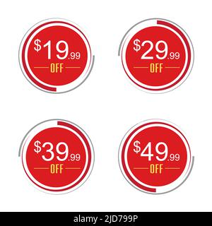 19,99, $29,99, 39,99, $49,99 US-Dollar Rabatt. Rabatt Angebotspreis Illustration, Vektor Rabatt Symbol. Stock Vektor