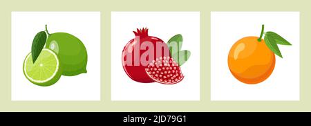 Posterset mit Granatapfel, Limette und Orange, Cartoon-Vektor-Illustration im flachen Stil isoliert auf weißem Hintergrund Stock Vektor