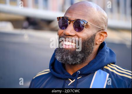 Chester, Pennsylvania, USA. 18.. Juni 2022. 18. Juni 2022, Chester PA- ehemaliger Spieler von Philadelphia Eagle, MALCOLM JENKINS, beim Union-Spiel kurz vor dem Sieg über die Union-Trommel. (Bild: © Ricky Fitchett/ZUMA Press Wire) Stockfoto