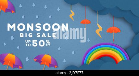 Monsun Saison Verkauf Banner Poster Promotion in Papierschnitt Kunst Stock Vektor