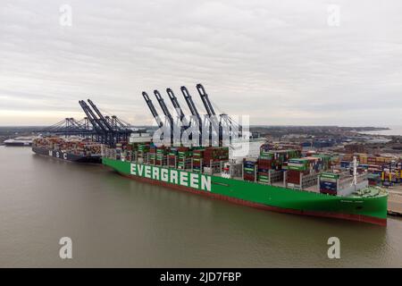 Das größte Frachtschiff der Welt, das Ace jemals hatte und den Rekord für die meisten auf ein einziges Schiff geladenen Container hält, kommt am Hafen von Felixstowe in Suffolk an, dem größten und verkehrsreichsten Containerhafen Großbritanniens. Bilddatum: Sonntag, 19. Juni 2022. Stockfoto