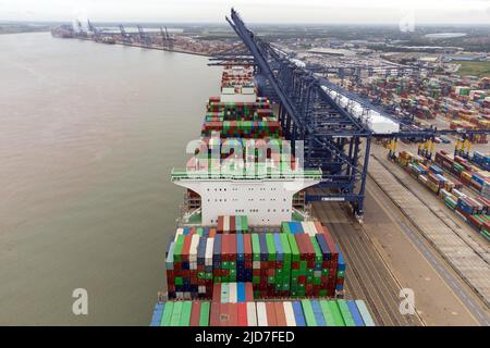 Das größte Frachtschiff der Welt, das Ace jemals hatte und den Rekord für die meisten auf ein einziges Schiff geladenen Container hält, kommt am Hafen von Felixstowe in Suffolk an, dem größten und verkehrsreichsten Containerhafen Großbritanniens. Bilddatum: Sonntag, 19. Juni 2022. Stockfoto