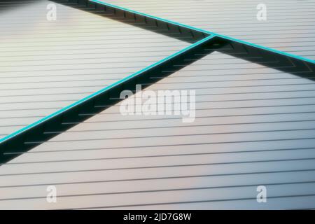 Abstrakte, moderne Tapete mit Seitenansicht auf einer gefütterten Metallic-Oberfläche und hellen aquamarinfarbenen Linien. 3D Rendern Stockfoto