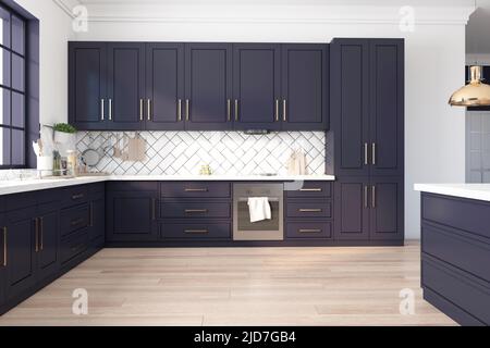 Vorderansicht auf moderne dunkelblaue Küche in sonniger Wohnküche mit Herd, goldenen Dekorationsdetails und Holzboden. 3D Rendern Stockfoto