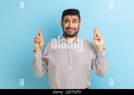 Porträt eines jungen, gutaussehenden, hoffnungsvollen Geschäftsmannes, der mit gekreuzten Fingern, zusammenklatschenden Zähnen und Hoffnung auf einen Sieg steht und ein gestreiftes Hemd trägt. Innenaufnahme des Studios isoliert auf blauem Hintergrund. Stockfoto