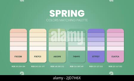 Farbpaletten oder Farbschemata im Frühling sind in diesem Jahr Trendkombinationen und Palettenführer, eine Tabelle mit Farbschattierungen in RGB oder HEX. Ein Farbfeld für ein Stock Vektor