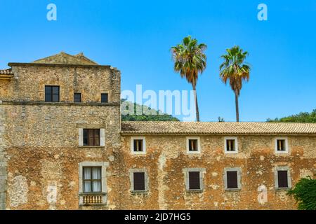 Alte Steinkonstruktion mit Palmen auf der Insel Mallorca. Stockfoto